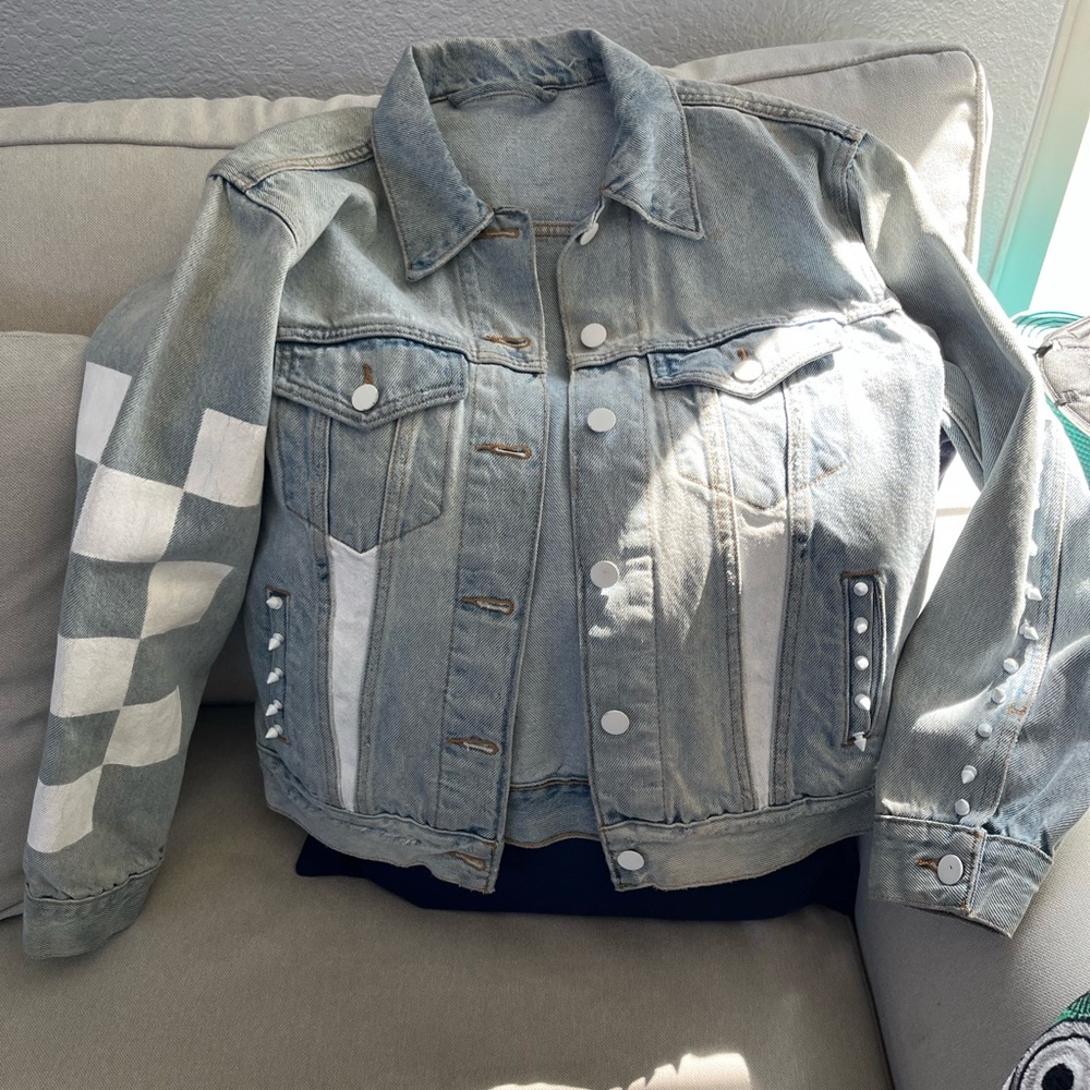 Light Wash Denim Jacket with White Checker & Stud Details (upcycling soon)